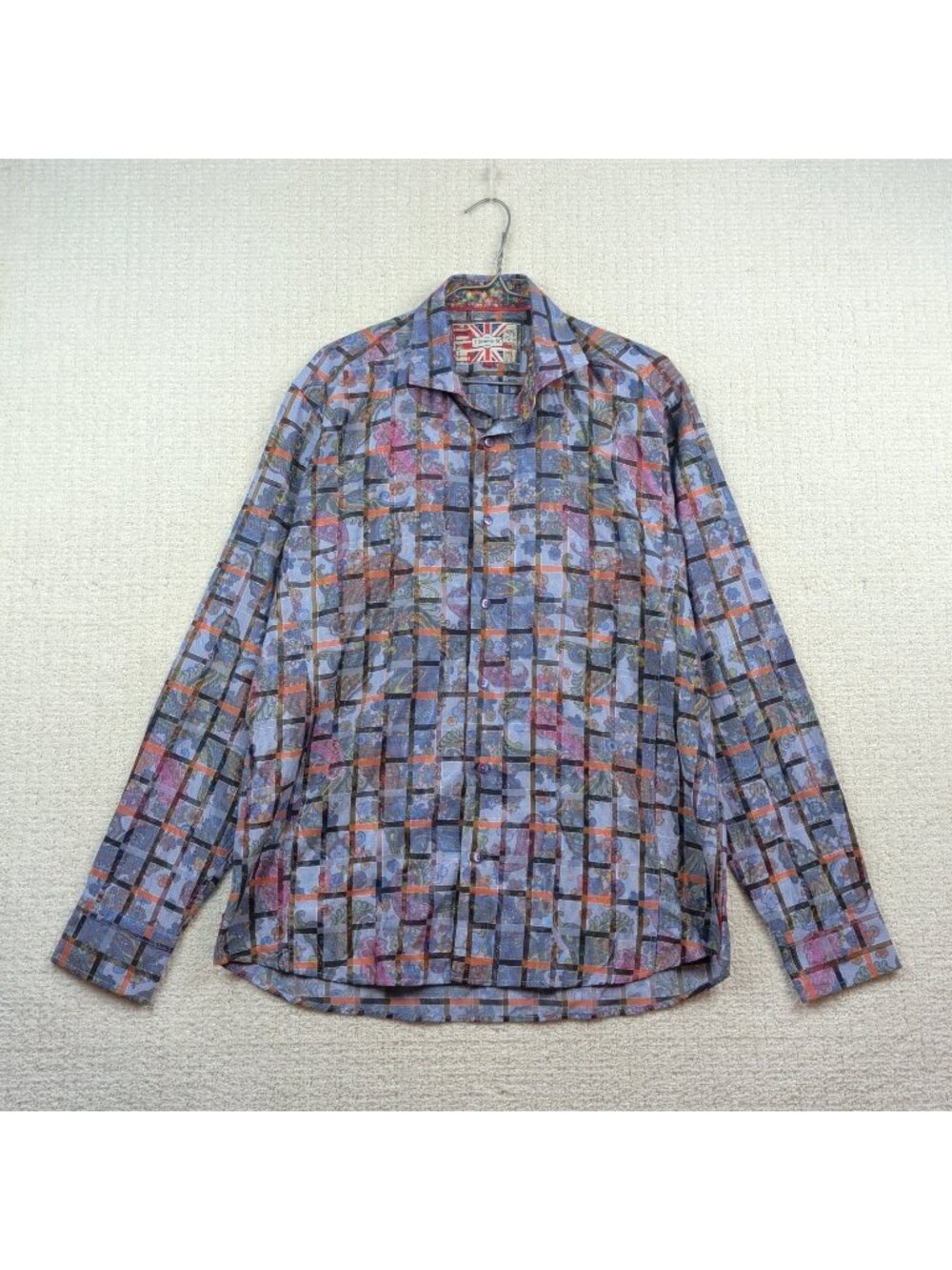 7 Downie St Men Purple Paisley Plaid Dress Shirt Slim Fit Flip Cuff Sz 5 Preppy